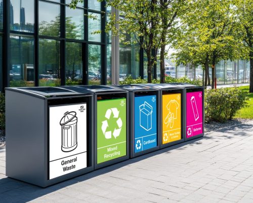 Multiple vibrant waste bins with recycling symbols are neatly arranged on a paved urban street, showcasing efficient waste management for a cleaner environment, perfect for sustainability campaigns.