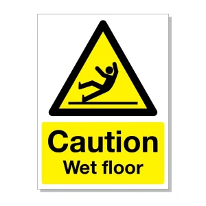 A safety sign warns about a wet floor with the text 'Caution Wet Floor' and a slipping person warning symbol.